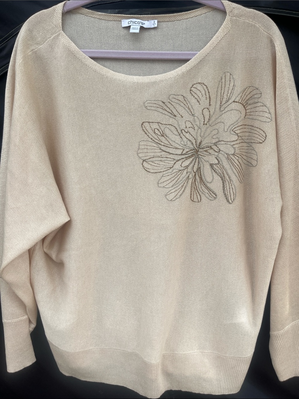 Chico's Cream Crewneck Sweater with Floral Outline